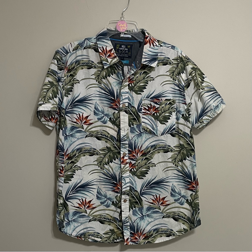 Men's Leaf Print Short Sleeve Shirt~ Size Large Caribbean, Tropical Or Resort